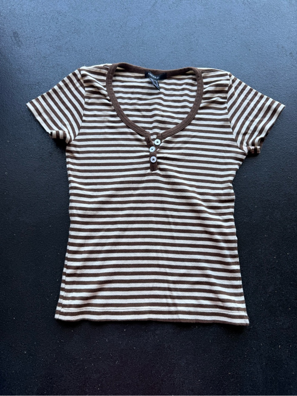 Forever 21 Brown and Cream Striped Short Sleeve Henley
